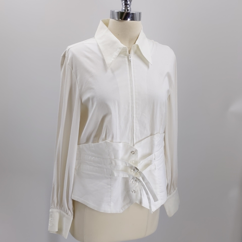 Dusak Designs woven + knit 3-closure top-sz M